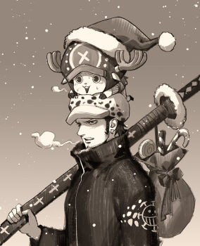 1boy breath candy candy_cane coat commentary_request deer_boy facial_hair food goatee greyscale hat highres kdash long_sideburns male_focus monochrome one_piece open_mouth sack santa_hat short_hair sideburns snowing tony_tony_chopper trafalgar_law