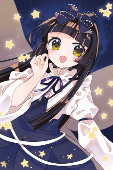 Rule 34 | 1girl, :d, black hair, blue bow, blue dress, blue ribbon, blunt bangs, blunt sidelocks, blush, bow, commentary request, dress, fairy wings, frilled bow, frills, hair bow, highres, hime cut, katsuragi atori, long hair, long sleeves, looking at viewer, neck ribbon, night, open mouth, ribbon, sidelocks, sleeve ribbon, smile, solo, star (sky), star (symbol), star sapphire, touhou, wide sleeves, wings, yellow eyes