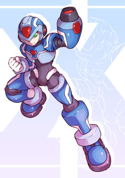 1boy absurdres arm_cannon armor blue_armor blue_helmet character_name chest_jewel clenched_hand forehead_jewel full_body helmet highres mega_man_(series) mega_man_x_(series) mega_man_zero_(series) shoutaro_saito solo_focus weapon x_(mega_man) zoom_layer