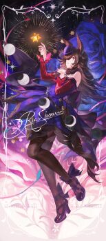 1girl animal_ears bare_shoulders blue_flower blue_rose brown_hair brown_pantyhose character_name daniel_deng detached_collar flower hand_up hat highres horse_ears horse_girl horse_tail long_hair looking_up pantyhose parted_lips purple_hat purple_shoes red_sleeves rice_shower_(rosy_dreams)_(umamusume) rice_shower_(umamusume) rose shoes solo spiked_hair tail umamusume