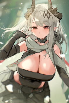 1girl arknights bare_shoulders black_gloves black_horns black_leotard blurry breasts chromatic_aberration cleavage closed_mouth commentary elbow_gloves fingerless_gloves gloves grey_hair hand_in_own_hair hand_up highres horns infection_monitor_(arknights) large_breasts leaning leaning_forward leotard light_blush light_particles light_smile long_hair looking_at_viewer matsuoka_(mtok_0) mudrock_(arknights) mudrock_(rubble)_(arknights) official_alternate_costume pointy_ears red_eyes solo