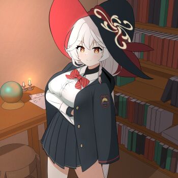 absurdres blue_archive book bookshelf bow bowtie braid candle chomgae coat coat_on_shoulders crossed_arms earrings eri_(blue_archive) halo hat highres jacket jewelry letter long_coat long_hair orange_eyes orb room shirt skirt stool sweater white_hair witch_hat