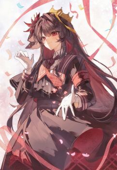 1girl absurdres armband artist_request black_capelet black_hair black_shirt black_skirt capelet closed_mouth commentary commission confetti cowboy_shot crown english_commentary flower hair_flower hair_ornament hand_up highres long_hair long_sleeves looking_at_viewer mahou_shoujo_no_majo_saiban necktie nikaido_hiro red_armband red_eyes red_flower red_necktie second-party_source shirt skirt smile solo streamers