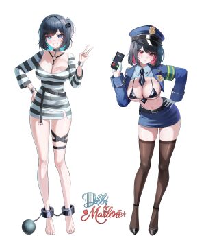 2girls absurdres armband ball_and_chain_restraint between_breasts bikini black_bikini black_hair black_necktie black_survival black_thighhighs blue_eyes blue_hair blue_hat blue_skirt breasts chain character_name colored_inner_hair cropped_jacket cuffs debi_(black_survival) dress eternal_return:_black_survival full_body green_armband hair_intakes hand_on_own_hip hat high_heels highres holding holding_phone jacket leaning_forward long_sleeves marlene_(black_survival) multicolored_hair multiple_girls necktie necktie_between_breasts one_side_up open_clothes open_jacket pencil_skirt phone pink_hair police_badge police_hat prison_clothes red_eyes shackles short_hair siblings sisters skirt standing striped_clothes striped_dress suisen_(suisenhwa) swimsuit thigh_strap thighhighs twins