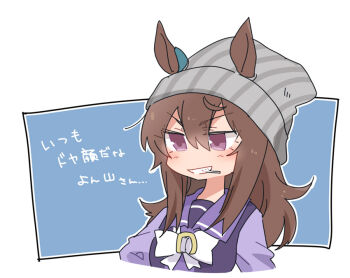 1girl animal_ears beanie beer_hsk blue_background bow breasts brown_hair commentary_request cropped_torso ears_through_headwear grey_hat grin hair_between_eyes hat horse_ears long_hair medium_breasts mouth_hold nakayama_festa_(umamusume) purple_eyes purple_shirt school_uniform shirt smile solo striped_clothes striped_headwear tracen_school_uniform translation_request two-tone_background umamusume upper_body v-shaped_eyebrows vertical-striped_clothes vertical-striped_headwear white_background white_bow
