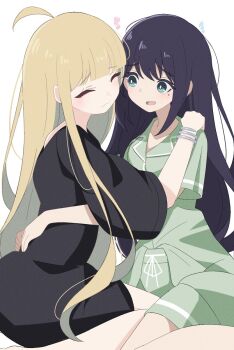 2girls :3 ahoge black_shirt blonde_hair blush bracelet cho_kaguya-hime! closed_mouth commentary_request green_eyes green_pajamas green_shirt green_shorts heart highres jewelry kaguya_(cho_kaguya-hime!) long_hair long_sidelocks mole mole_under_eye multiple_girls oversized_clothes oversized_shirt pajamas raised_inner_eyebrows sakayori_iroha sasanoha_(sasanoha0712) shirt shirt_partially_tucked_in shorts sidelocks simple_background sitting smile story_in_commentary t-shirt very_long_hair very_long_sidelocks white_background yuri