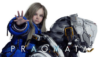 1boy 1girl 3d aqua_eyes artist_request blonde_hair blue_coat carrying carrying_person coat commentary_request copyright_logo copyright_name diana_(pragmata) helmet highres hugh_williams lips logo long_hair official_art outstretched_arm padded_coat parted_bangs photorealistic piggyback pragmata reaching reaching_towards_viewer realistic spacesuit upper_body white_background