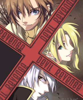 1girl 2boys alchemist_(ragnarok_online) arrow_(projectile) blonde_hair blue_eyes brown_hair brown_shirt caduceus caution_tape closed_mouth commentary_request dated earrings gold_trim green_eyes grey_hair hair_between_eyes highres hunter_(ragnarok_online) jewelry lips looking_at_viewer medium_hair multiple_boys niuya open_mouth priest_(ragnarok_online) ragnarok_online shirt short_hair smile yellow_eyes