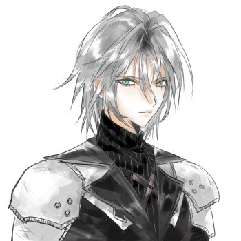 1boy 3_3lecho absurdres armor black_coat black_sweater coat expressionless final_fantasy final_fantasy_vii final_fantasy_vii:_ever_crisis green_eyes grey_hair highres looking_to_the_side male_focus medium_hair pauldrons sephiroth sephiroth_(ever_crisis) shoulder_armor simple_background slit_pupils solo sweater turtleneck turtleneck_sweater upper_body white_background