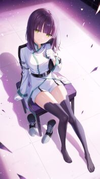 1girl black_hair feet goryoukaku_shion green_eyes highres long_hair looking_at_viewer netarrow shinkalion_(series) shoes sitting smile thighhighs toes unworn_shoes