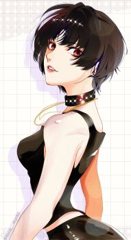 1girl bare_shoulders black_hair black_shirt brown_eyes choker doctor highres inuha_dayo52 jewelry light_smile looking_at_viewer persona persona_5 persona_5_the_royal shirt short_hair spiked_choker spikes studded_choker takemi_tae