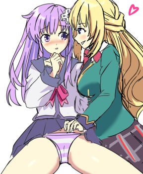 2girls blonde_hair blue_eyes blush cameltoe choujigen_game_neptune clothes_lift hair_ornament heart long_hair multiple_girls neptune_(neptunia) neptune_(series) panties pleated_skirt purple_eyes purple_hair simple_background skirt skirt_lift striped_clothes striped_panties sunbeam_(artist) underwear upskirt vert_(neptunia) yuri