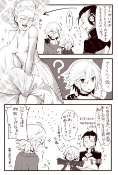 1girl 3boys ahoge bandage_over_one_eye big_al blush blush_stickers cellphone choker coat comic cubi_(vocaloid) dress closed_eyes holding jewelry lipstick makeup mizuhoshi_taichi monochrome multicolored_hair multiple_boys nail_polish necklace oliver_(vocaloid) phone scar smartphone sparkle stitches streaked_hair sweet_ann the_seven-year_itch vocaloid yohioloid