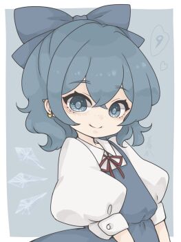 Rule 34 | 1girl, blue bow, blue dress, blue eyes, blue hair, bow, cirno, closed mouth, collared shirt, commentary, crossed bangs, dress, earrings, hair bow, harukairo, heart, highres, ice, ice wings, jewelry, looking at viewer, neck ribbon, puffy short sleeves, puffy sleeves, red ribbon, ribbon, shirt, short hair, short sleeves, sleeve cuffs, sleeveless, sleeveless dress, smile, solo, symbol-only commentary, touhou, white shirt, wings