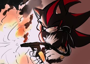 Rule 34 | 1boy, animal ears, animal nose, black fur, black hair, body fur, fire, flamethrower, furry, furry male, gloves, grin, half-closed eyes, hands up, happy, highres, holding, holding flamethrower, holding weapon, long hair, looking at viewer, male focus, multicolored fur, multicolored hair, red eyes, red fur, red hair, shadow the hedgehog, shapam (zeepgalae), sidelighting, sideways mouth, sketch, smile, smoke, solo, sonic (series), spiked hair, standing, streaked hair, teeth, two-handed, two-tone hair, upper body, weapon, white fur, white gloves