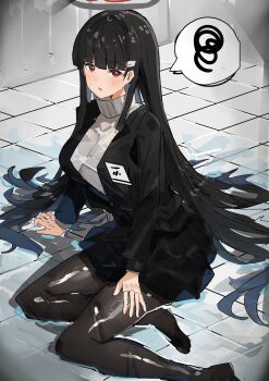 1girl absurdres black_hair black_halo black_jacket black_skirt blue_archive blunt_bangs breasts bright_pupils hair_ornament hairclip halo highres jacket large_breasts long_hair multicolored_halo on_floor pantyhose pleated_skirt red_eyes red_halo rio_(blue_archive) sitting skirt solo sweater the_olphy turtleneck turtleneck_sweater two-tone_halo white_pupils white_sweater