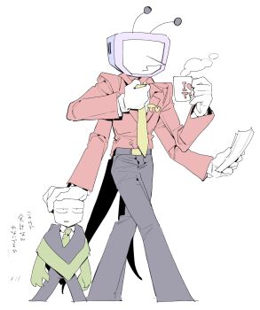 2boys adjusting_clothes adjusting_necktie ant_tenna ant_tenna_(beta_design) belt_buckle black_pants buckle coffee_mug cropped_legs crt cup deltarune extra_arms gloves green_pippins hand_on_another&#039;s_head higa423 highres holding holding_cup holding_paper long_nose male_focus mug multiple_boys multitasking necktie object_head pants paper pippins_(deltarune) pointy_nose protected_link simple_background size_difference tailcoat utdr_(toby_fox) white_background white_gloves