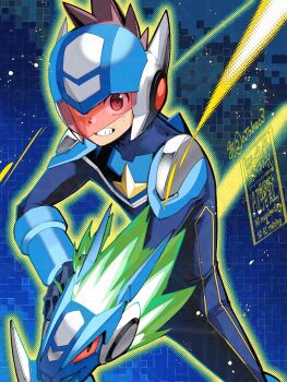 1boy blue_bodysuit blue_helmet bodysuit brown_hair clenched_teeth cowboy_shot geo_stelar_(mega_man) helmet highres male_focus mega_man_(series) mega_man_star_force_(series) red-tinted_eyewear short_hair solo star_force_mega_man takeuchi_(a3) teeth tinted_eyewear watermark