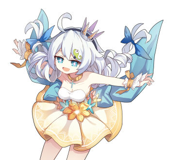 Rule 34 | 1girl, ahoge, benghuai xueyuan, birthday, black hairband, blue eyes, breasts, choker, commentary, cross, cross choker, crown, dress, drill hair, english commentary, hairband, honkai (series), kiana kaslana, long hair, mini crown, orange choker, outstretched arms, simple background, solo, spread arms, strapless, strapless dress, twin drills, white background, xtacy, yellow dress