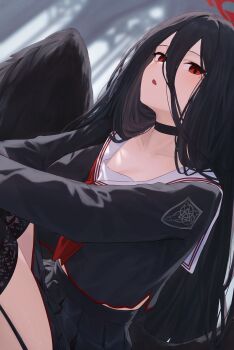 1girl :o absurdres black_choker black_garter_straps black_hair black_serafuku black_thighhighs black_wings blue_archive blurry blurry_background breasts choker cleavage collarbone commentary dutch_angle feathered_wings garter_straps hair_between_eyes halo hasumi_(blue_archive) highres kuchisode large_breasts long_hair_between_eyes looking_at_viewer midriff_peek mole mole_under_eye necktie pleated_skirt red_eyes red_necktie school_uniform serafuku skirt solo thighhighs wings