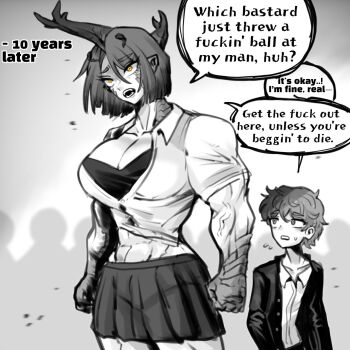Rule 34 | 1boy, 1girl, arthropod girl, english text, grey background, grey eyes, grey hair, greyscale, highres, horns, monochrome, monster girl, muscular, muscular female, oligogi meoggosipda, school uniform, shirt, tall female, white shirt, yellow eyes