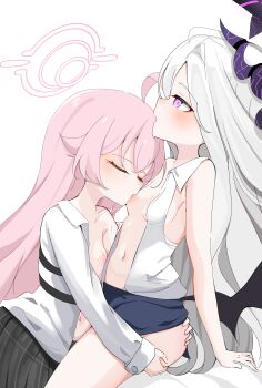 2girls absurdres ahoge black_skirt black_wings blue_archive blue_skirt breast_sucking breasts closed_eyes collared_shirt commentary demon_girl demon_horns demon_wings english_commentary grabbing_another&#039;s_ass groping halo highres hina_(blue_archive) horns hoshino_(blue_archive) kuxna_art loli long_hair long_sleeves multiple_girls nipples open_clothes open_shirt pink_hair pink_halo plaid_clothes plaid_skirt pleated_skirt purple_halo purple_horns shirt simple_background skirt sleeveless sleeveless_shirt small_breasts white_background white_hair white_shirt wings yuri