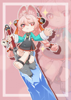 1girl :3 absurdres animal_ear_fluff animal_ear_piercing animal_ears ankle_strap barefoot black_dress blue_shirt body_fur braid braided_twintails chinese_commentary closed_mouth commentary_request dress furry furry_female hair_ornament hatsuneya highres holding holding_sword holding_weapon huge_weapon long_hair long_sleeves looking_at_viewer outline pinafore_dress pink_fur pink_hair rabbit_ears rabbit_girl rabbit_tail red_eyes screw shirt sleeveless sleeveless_dress solo sparkle sphere_hair_ornament sword tail twin_braids weapon white_outline zenless_zone_zero zhao_(zenless_zone_zero) zoom_layer