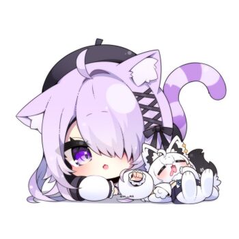 1girl ahoge animal_ear_fluff animal_ears animal_feet animal_hands animalization beret black_hat blush cat_ears cat_girl cat_tail chestnut_mouth chibi chibikemo commentary_request hair_over_one_eye hair_ribbon hat hololive long_sleeves lying muuran nekomata_okayu nekomata_okayu_(wonderland) on_stomach purple_eyes purple_hair ribbon shirakami_fubuki shirakami_fubuki_(fox) simple_background sleeping tail twitter_username virtual_youtuber white_background
