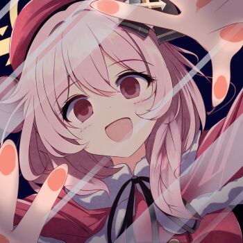 1girl beret blue_archive blush breasts commentary_request dark_background empty_eyes fourth_wall furisuku_(gerbera) hair_ornament halo hat highres medium_hair official_alternate_costume pink_eyes pink_hair portrait reaching reaching_towards_viewer ribbon screen serina_(blue_archive) simple_background small_breasts solo yandere