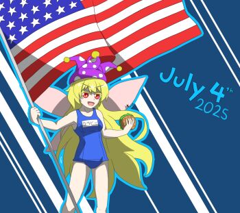 Rule 34 | 1girl, american flag, blonde hair, blue background, blue one-piece swimsuit, blue outline, burger, character name, clownpiece, commentary, cowboy shot, daikoko, double-parted bangs, english commentary, english text, fairy wings, fang, flag, floating hair, food, fourth of july, hat, holding, holding burger, holding flag, holding food, jester cap, long hair, name tag, one-piece swimsuit, open mouth, outline, pink wings, polka dot hat, pom pom (clothes), purple hat, red eyes, signature, smile, solo, striped background, swimsuit, touhou, v-shaped eyebrows, very long hair, white background, wings