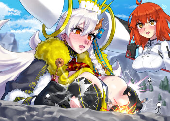 ahoge ascot black_gloves braid breasts cape chaldea_logo cloak clothing_cutout command_spell commentary_request detached_horns dress e-grand_marie explosion fate/grand_order fate_(series) fujimaru_ritsuka_(female) fujimaru_ritsuka_(female)_(decisive_battle_chaldea_uniform) fur-trimmed_cape fur-trimmed_cloak fur_trim giant giantess glove_cutout gloves hair_between_eyes hair_ribbon horns huge_breasts huge_horns jacket jewelry large_areolae long_hair long_horns long_sleeves mizuumi_(bb) multiple_girls olga_marie_animusphere on_ground open_mouth orange_eyes orange_hair puffy_nipples red_ascot ribbon short_hair side_braid smile stick_figure striped_bodysuit torn_clothes u-olga_marie upper_body very_long_hair white_dress white_hair white_jacket yellow_horns