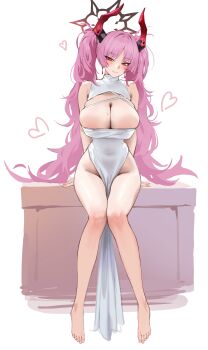 1girl absurdres alternate_costume alternate_hairstyle arms_behind_back barefoot blue_archive blush breasts closed_mouth commentary_request covered_navel desk dress halo heart highres horns large_breasts long_hair looking_at_viewer mole mole_on_breast nankam76 on_desk pink_hair red_hair red_halo satsuki_(blue_archive) simple_background sitting smile solo twintails very_long_hair white_background white_dress