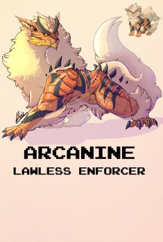Rule 34 | absurdres, animal ears, arcanine, dog, english text, fangs, gen 1 pokemon, highres, horns, lluisabadias, mane, monster hunter (series), nintendo, no humans, pokemon, pokemon (creature), spikes, tail