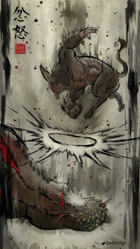 abbbbbbk battle black_fur blood blood_from_mouth calligraphy chin_spike deviljho dinosaur fangs fur-tipped_tail glowing glowing_eyes highres horns monkey monster monster_hunter_(series) motion_lines open_mouth paint_splatter painting_(medium) punched punching rajang red_eyes savage_deviljho sharp_teeth spikes teeth traditional_media twitter_username watercolor_(medium) watermark