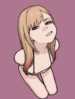 1girl aged_down arms_behind_back bikini blonde_hair bluesalm0n breasts colored_tips flat_chest from_above gradient_hair grin kitagawa_marin loli long_hair looking_at_viewer micro_bikini multicolored_hair purple_background red_eyes red_hair simple_background sitting smile solo sono_bisque_doll_wa_koi_wo_suru swept_bangs swimsuit teeth yellow_bikini