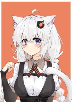 1girl :&lt; ahoge animal_ear_fluff animal_ears black_dress blue_eyes blush braid breasts brown_background cat_ears cat_girl cat_tail closed_mouth collared_shirt commentary_request dress dress_shirt hair_between_eyes hair_ornament hand_up highres kizuna_akari long_hair low_twintails medium_breasts puffy_short_sleeves puffy_sleeves shirt short_sleeves simple_background solo tail twin_braids twintails voiceroid white_shirt zooanime