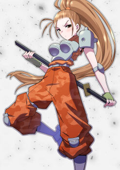 Rule 34 | 1girl, absurdres, alien (series), alien vs. predator, armor, breastplate, brown eyes, brown hair, camouflage, camouflage pants, closed mouth, commentary request, fingerless gloves, gloves, high ponytail, highres, holding, holding sword, holding weapon, katana, linn kurosawa, long hair, looking at viewer, pants, ponytail, predator (series), shoulder armor, simple background, solo, sword, toku sonchou, weapon, white background