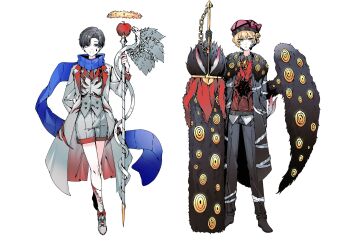 Rule 34 | 2boys, :<, apple, bandages, black hair, black pants, black shoes, black wings, blonde hair, blue eyes, blue scarf, bow, closed mouth, coat, commentary request, contrast collar, crossed legs, curtained hair, demian (project moon), double-parted bangs, e.g.o (project moon), eye print, facial mark, food, frost shard (e.g.o), fruit, full body, fur-trimmed coat, fur trim, greatsword, hand up, hat, hat bell, hat bow, highres, holding, holding staff, holding sword, holding weapon, laetitia (e.g.o), lapels, limbus company, lobotomy corporation, long scarf, long sleeves, looking at viewer, male focus, multiple boys, nana nana bot, necktie, notched lapels, open clothes, open coat, pants, paradise lost (e.g.o), parted bangs, pink hat, project moon, red necktie, red vest, ringed eyes, scarf, shoes, short hair, shorts, side-by-side, simple background, sinclair (project moon), single wing, smile, snake, staff, standing, sweater vest, sword, teardrop facial mark, the sword sharpened with tears (e.g.o), twilight (e.g.o), vest, weapon, white background, white coat, white shoes, white shorts, white vest, wings, yellow eyes