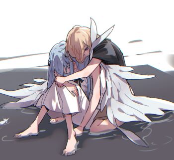 Rule 34 | 2girls, anco (platanity), bang dream!, bang dream! it's mygo!!!!!, barefoot, blonde hair, blue hair, chromatic aberration, commentary, dress, highres, hug, hug from behind, long hair, medium hair, misumi uika, multiple girls, purple eyes, short sleeves, sitting, togawa sakiko, wading, white dress, yuri