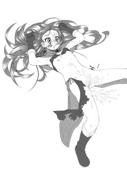 1girl after_vaginal aftersex akino_sora arms_up bikini bikini_top_only blush boots capelet commentary_request cum cum_in_pussy flat_chest foot_out_of_frame greyscale hair_spread_out highres long_hair lying mage_(ragnarok_online) monochrome navel nipples on_back pelvic_curtain pussy ragnarok_online showgirl_skirt simple_background solo swimsuit torn_pelvic_curtain uncensored