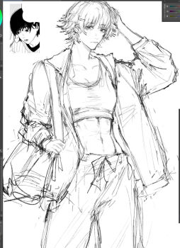 1girl abs alternate_costume alternate_universe arm_behind_head art_program_in_frame bag chainsaw_man closed_mouth collarbone commentary english_commentary highres holding_strap jacket mitaka_asa navel open_clothes open_jacket pants reference_inset short_hair shoulder_bag sketch solo sports_bra tomboy toned toned_female vermirel
