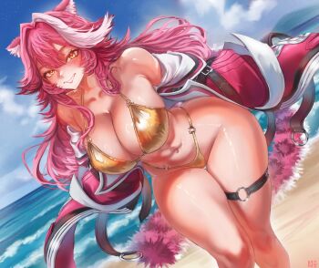 1girl absurdres animal_ears arhiel bare_shoulders beach bikini blue_sky blush breasts cloud cloudy_sky coat collarbone commentary day english_commentary hair_intakes highres hololive hololive_english large_breasts long_hair looking_at_viewer multicolored_hair navel o-ring o-ring_thigh_strap ocean outdoors panther_ears panther_girl panther_tail pink_coat pink_hair pink_tail raora_panthera raora_panthera_(1st_costume) sand sky smile solo stomach streaked_hair swimsuit tail thigh_strap thighs virtual_youtuber yellow_bikini yellow_eyes