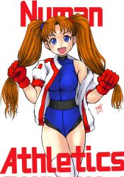 Rule 34 | 1girl, athletic leotard, blue eyes, blue leotard, breasts, brown hair, copyright name, darumatensi, gloves, highres, holding own hair, jacket, leotard, long hair, looking at viewer, numan athletics, off shoulder, open clothes, open jacket, open mouth, red gloves, sharon les halles, smile, solo, thighhighs, thighs, twintails, white thighhighs