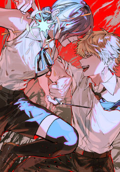 1boy 1girl black_choker black_necktie black_pants black_ribbon chainsaw_man choker collared_shirt commentary_request denji_(chainsaw_man) grenade_pin hair_between_eyes hair_bun highres ikaooi1 imminent_explosion neck_ribbon necktie pants pull_cord reze_(chainsaw_man) ribbon shirt shirt_tucked_in single_hair_bun sleeveless sleeveless_shirt sleeves_rolled_up teeth