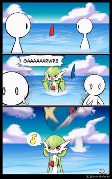 2others absurdres bob_cut colored_skin gardevoir gen_3_pokemon green_skin hair_between_eyes highres motion_lines multicolored_skin multiple_others musical_note nintendo pokemon pokemon_(creature) red_eyes shark sharp_teeth sharpedo short_hair smile speed_lines spoken_musical_note standing teeth two-tone_skin water white_skin winkyfaces