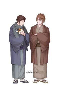 Rule 34 | 2boys, animal, brown eyes, brown hair, brown kimono, calico (pattern), calico cat, cat, commentary request, full body, green kimono, grey scarf, holding, holding animal, holding cat, japanese clothes, kaikaikai 1211, kimono, koizumi itsuki, kyon, long sleeves, looking at another, male focus, multiple boys, sandals, scarf, shamisen (suzumiya haruhi), simple background, standing, suzumiya haruhi no yuuutsu, white background, wide sleeves