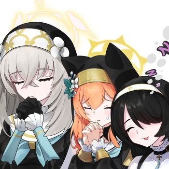 3girls animal_ears black_dress black_gloves black_hair black_veil blue_archive blue_neckerchief closed_eyes closed_mouth collar crossed_bangs dress flower gloves hair_between_eyes hair_flower hair_ornament hair_over_one_eye halo highres hinata_(blue_archive) long_hair mari_(blue_archive) multiple_girls neckerchief nun open_mouth orange_hair own_hands_clasped own_hands_together sailor_collar sakurako_(blue_archive) sidelocks sisterhood_(blue_archive) sleeping sweatdrop veil white_collar white_flower white_hair white_sailor_collar yellow_halo ze_adventurer zzz