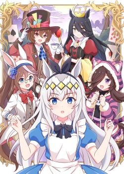5girls agnes_tachyon_(umamusume) ahoge alice's_adventures_in_wonderland alice_(alice_in_wonderland) alice_(alice_in_wonderland)_(cosplay) animal_ear_fluff animal_ears animal_hood apron black_bow black_hair black_hairband black_shirt blue_dress blue_eyes blush bow brown_hair brown_vest card cat_ears cat_tail cheshire_cat_(alice_in_wonderland) cheshire_cat_(alice_in_wonderland)_(cosplay) closed_mouth collared_shirt commentary_request cosplay crown cup dress ears_through_headwear flipped_hair flower funamori glasses gloves grey_hair grey_vest hair_between_eyes hair_ornament hair_over_one_eye hairband hat highres holding holding_cup holding_scepter hood hood_up hoodie horse_ears horse_girl jacket long_bangs long_hair long_sleeves looking_at_viewer mad_hatter_(alice_in_wonderland) mad_hatter_(alice_in_wonderland)_(cosplay) manhattan_cafe_(umamusume) multicolored_hair multiple_girls oguri_cap_(umamusume) open_mouth playing_card pocket_watch puffy_short_sleeves puffy_sleeves purple_eyes purple_hoodie purple_thighhighs queen_of_hearts_(alice_in_wonderland) queen_of_hearts_(alice_in_wonderland)_(cosplay) rabbit_ears red_bow red_dress red_eyes red_jacket rice_shower_(umamusume) scepter shirt short_sleeves smile streaked_hair striped_clothes striped_hoodie tail tea teacup thighhighs tokai_teio_(umamusume) top_hat two-tone_hair umamusume very_long_hair vest watch white_apron white_gloves white_hair white_jacket white_rabbit_(alice_in_wonderland) white_rabbit_(alice_in_wonderland)_(cosplay) white_shirt yellow_eyes