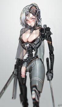 1futa absurdres amputee android bar_censor brain breasts censored chromatic_aberration cleavage closed_mouth cyborg damaged dual_wielding exposed_brain futanari gradient_background grey_background gun highres holding holstered iuui large_breasts long_hair looking_at_viewer mechabare mechanization mismatched_pupils no_pupils original ponytail precum solo triple_amputee variant_set weapon white_hair