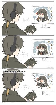 .osari 1boy ? artist_name black_gloves black_hair black_shirt chisa_(wuthering_waves) eating english_text food food_in_mouth gloves headphones highres long_hair male_rover_(wuthering_waves) meta pocky pocky_in_mouth red_eyes rover_(wuthering_waves) shirt smile solo tacet_mark_(wuthering_waves) wuthering_waves